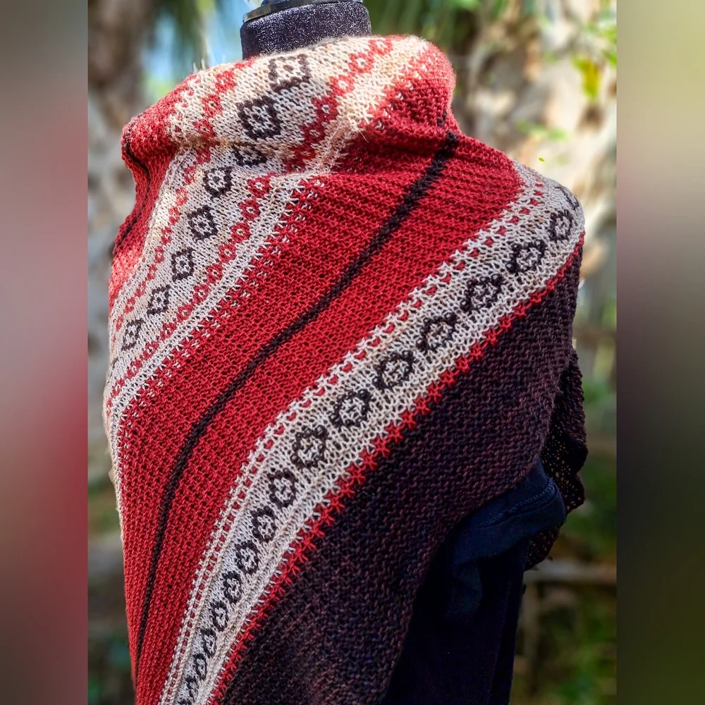Hand Knitted Shawl One of a Kind Elegant Red Beige Coffee Brown Merino Wool - Picture 7 of 15